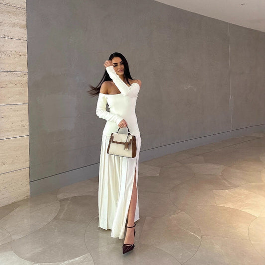Sexy off-the-shoulder long-sleeved split pleated skirt splicing one-word shoulder European and American dress