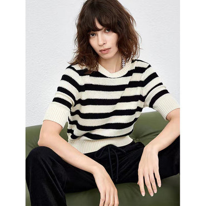 Spring and summer crew neck pullover five-quarter sleeve top