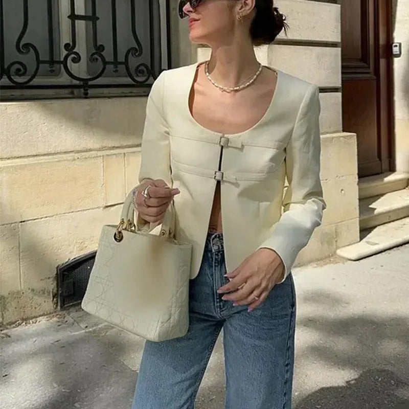 Niche long-sleeved top temperament solid color versatile short cardigan fashion autumn and winter coat women