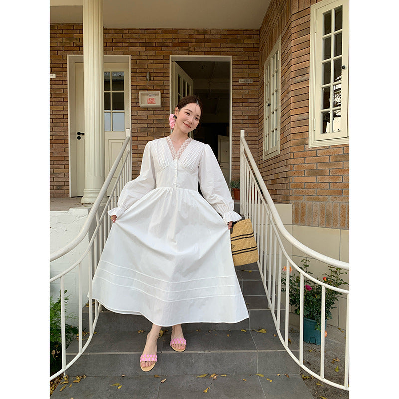 French V-Neck High Waist Long Dress