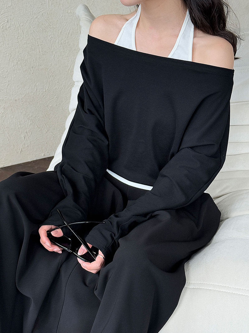 Korean style patchwork mock two-piece halter neck long sleeve t-shirt - women's autumn new design, elegant off-shoulder top