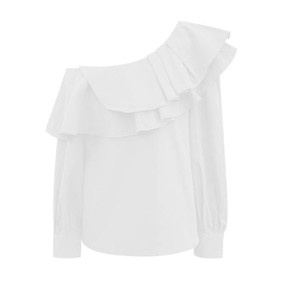 Spring explosion French celebrity temperament slanted shoulder double-layer ruffle edge top
