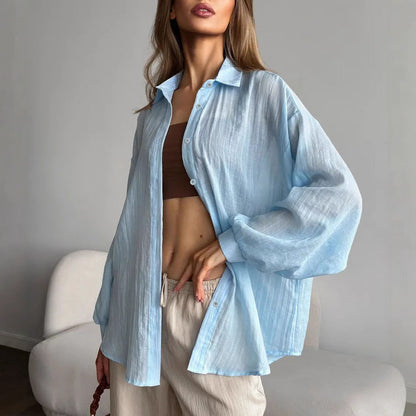 Lapel Long Sleeve Shirt Women Loose Fit Button-Front Blouse