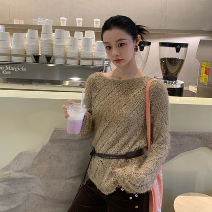 Loose long-sleeved hollow crochet knitted sweater blouse