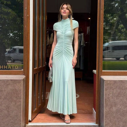 Spring new gauze mesh pleated dress temperament elegant slim hip wrap dress