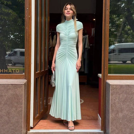 Spring new gauze mesh pleated dress temperament elegant slim hip wrap dress