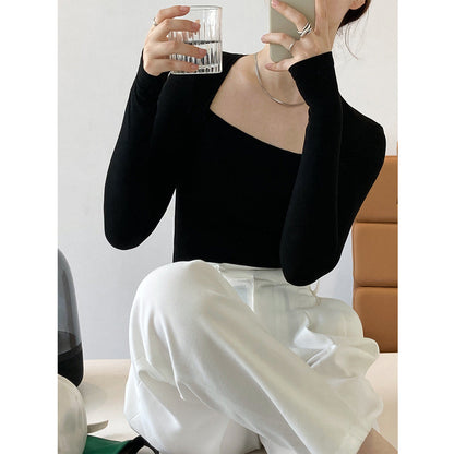 French pure desire long-sleeved square neck t-shirt women's slim and thin fake two-piece top autumn thin bottoming shirt