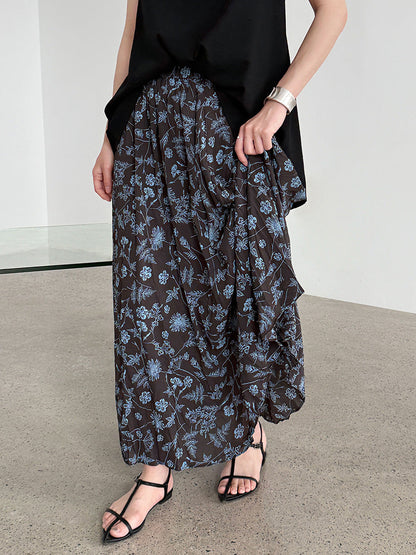 Retro floral skirt women's summer new loose pleated drape high waist a-shaped skirt umbrella skirt