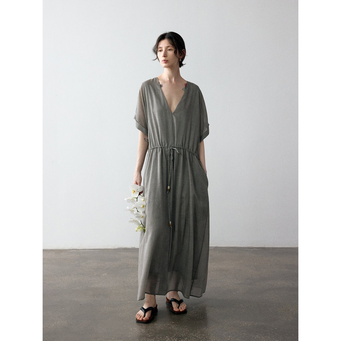 Summer new design Tencel V-neck drawstring waist glossy dress