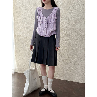 Gentle three-dimensional crochet knitted sweater vest women's 26 early spring wool hollow V-neck stacked vest