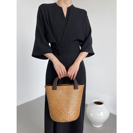 Temperament senior buckle waist strap straight dress new Chinese style improved long skirt