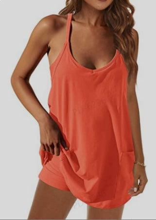 Summer Ladies Suspender Top Jumpsuit Shorts Jumpsuit Casual Suit Solid Color