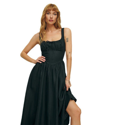 Linen white square collar pure desire style holiday style medium and long French dress