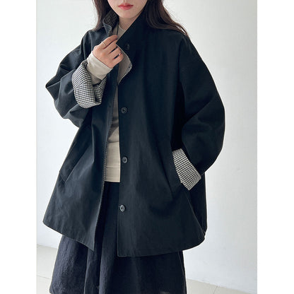Plaid splicing stand-up collar British style medium and long trench coat women's autumn new silhouette loose coat