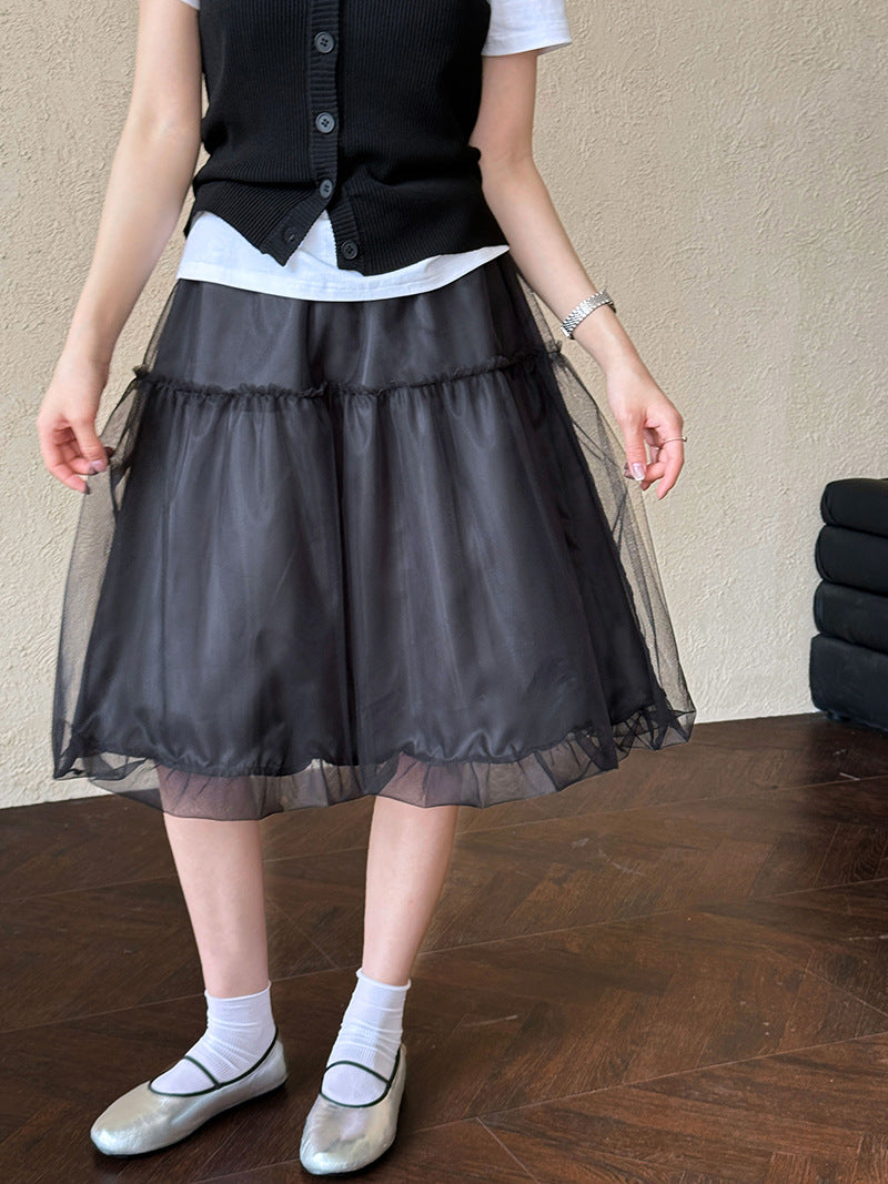 Tulle Mesh Skirt Women Korean Style A-Line Elastic Waist Mid-Length
