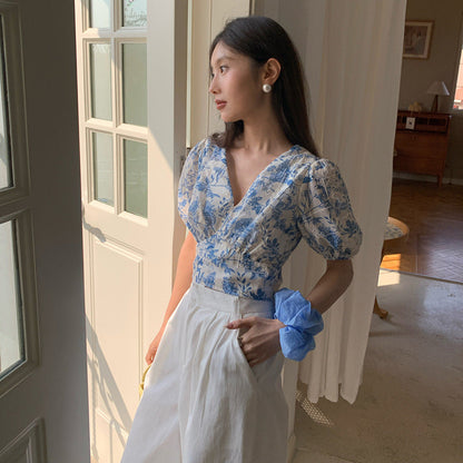 French sweet v-neck lace-up waist floral shirt