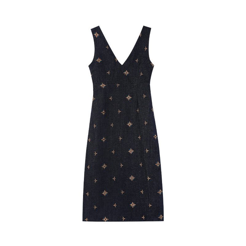 Embroidered slim waist sleeveless vest dress women