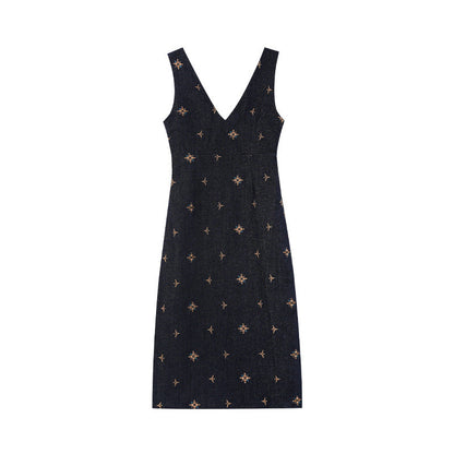 Embroidered slim waist sleeveless vest dress women