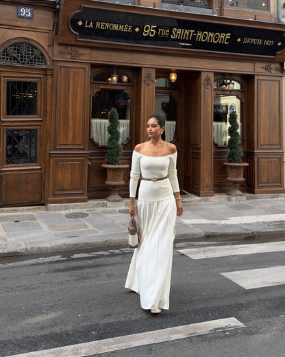Sexy off-the-shoulder long-sleeved split pleated skirt splicing one-word shoulder European and American dress