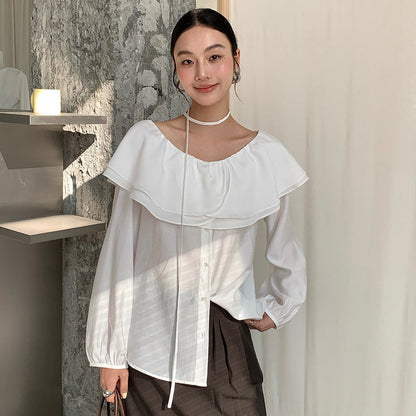 Gentle wind shoulder shirt spring haze blue lotus leaf edge covering meat and thin top