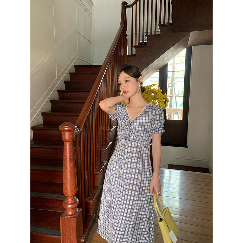 Gentle plaid v-neck high-waisted slim dress