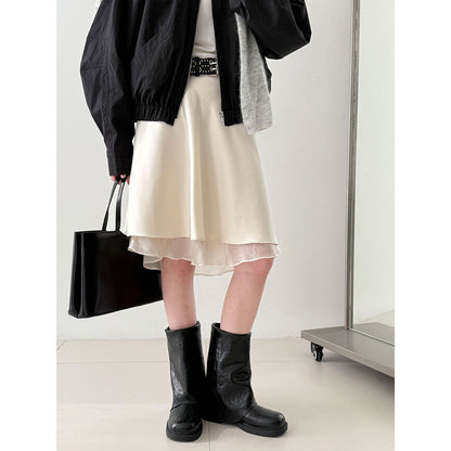 Korean gentle wind splicing skirt women's early spring versatile silky slippery lotus leaf edge a-word skirt