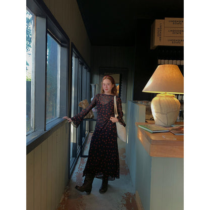 Early Spring Vacation Retro Waist Long Sleeve Polka Dot Mesh Double Layer Dress