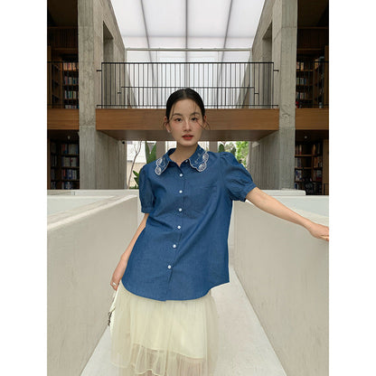 Lace Doll Collar Denim Shirt