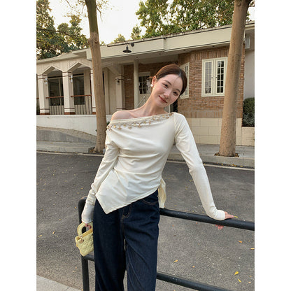Spring French Pure Sweet and Spicy Design Slant Neck Off-Shoulder Top