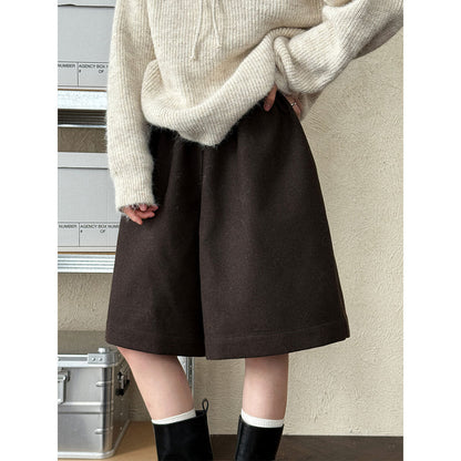 Minimalistautum woolen wide-leg shorts for women cover the cross slimming lookhalf length pants loose feeling boot pants