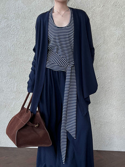 Striped neck vest + shawl cardigan + drape wide-leg pants women's 25 autumn new three-piece set