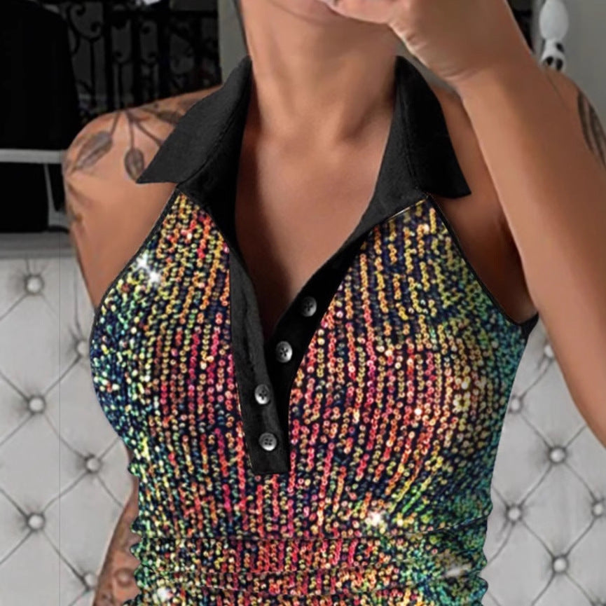 Fashion Sequin Lapel Button Sleeveless Top