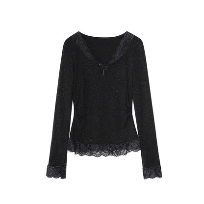 Lace stitching v-neck long-sleeved beautiful bottoming shirt
