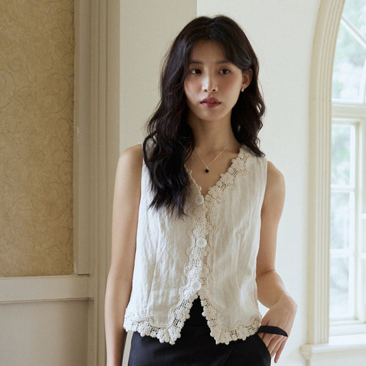 French apricot lace v-neck vest