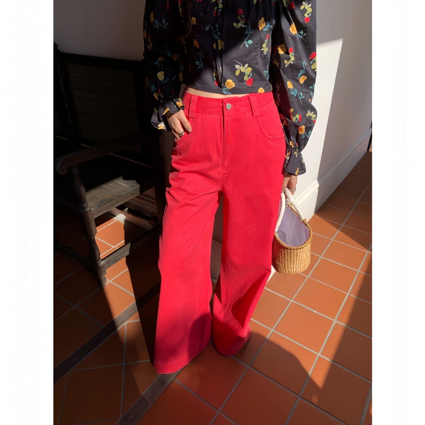 Early spring casual temperament versatile and thin long wide-leg jeans