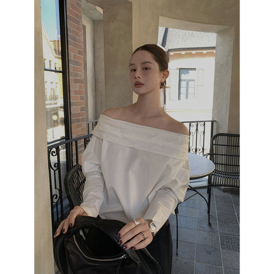 Simple long-sleeved one-word collar temperament off-the-shoulder shirt