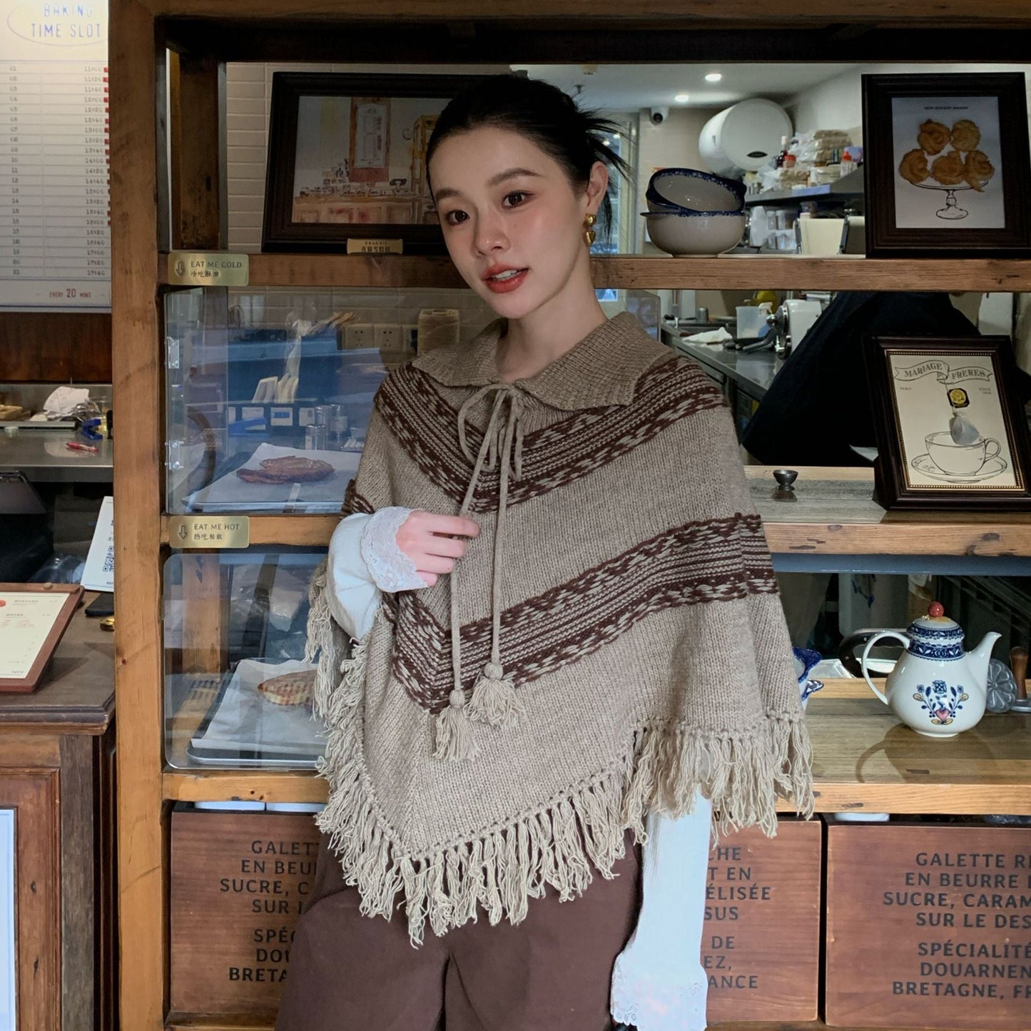 Literary retro fringed shawl sweater short jacket