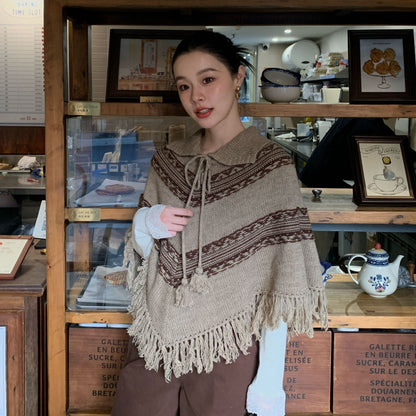 Literary retro fringed shawl sweater short jacket
