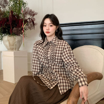 Temperament lace-up slanted placket long-sleeved plaid shirt