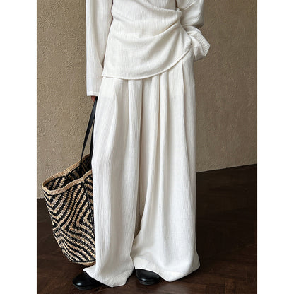 Lazy design asymmetrical one-shoulder waist pleated tops + loose pants women's spring two-piece set