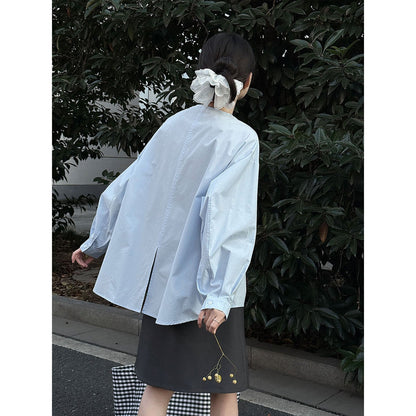 Simple Korean crew neck shirt top women's early spring stand-up collar casual versatile shirt jacket