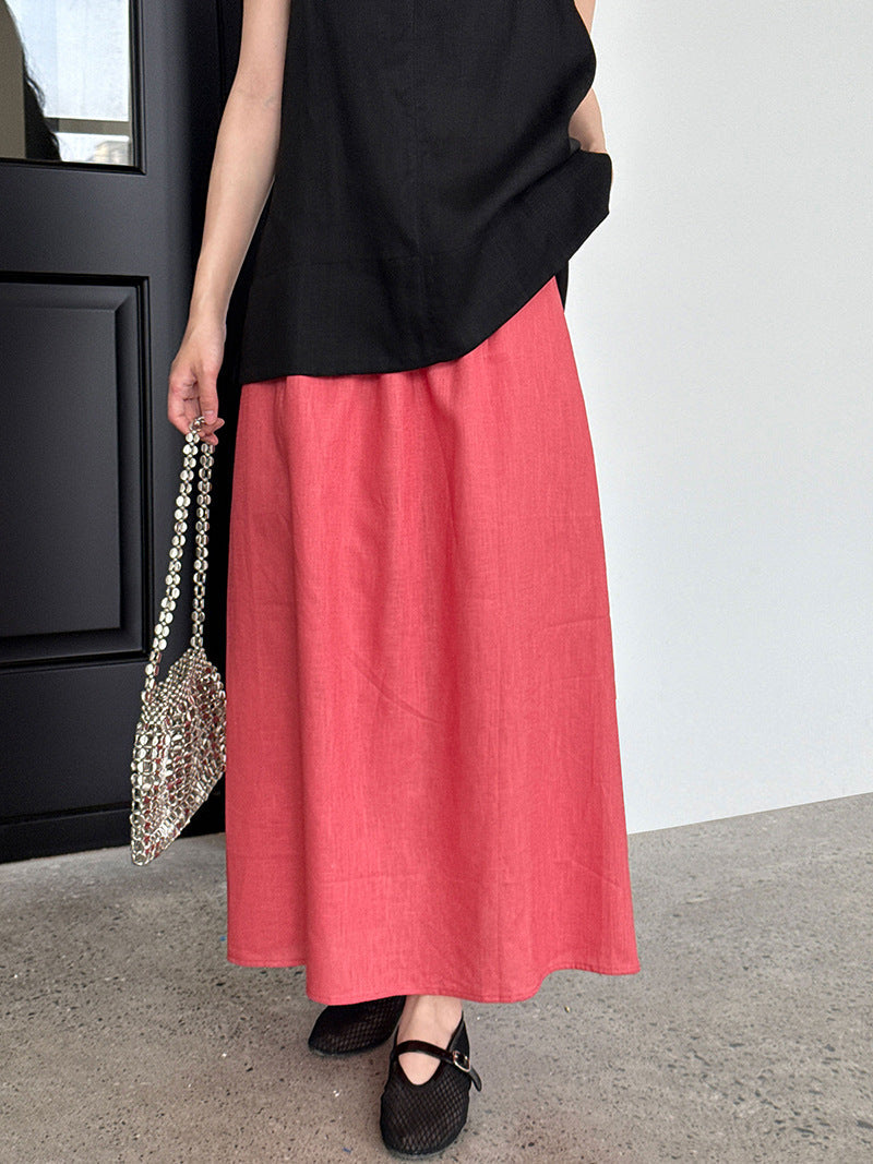 Simple retro cotton and linen skirt summer new split elastic waist straight A-shaped skirt medium and long skirt