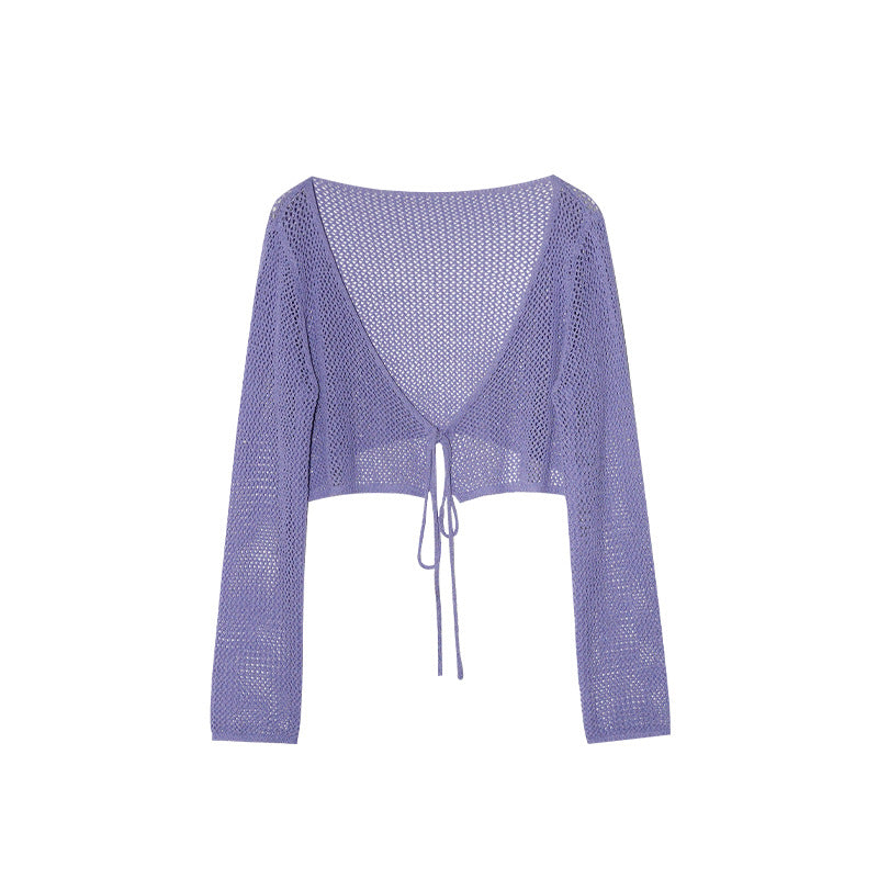Thin skin-friendly and breathable outer lace-up hollow knitted sweater