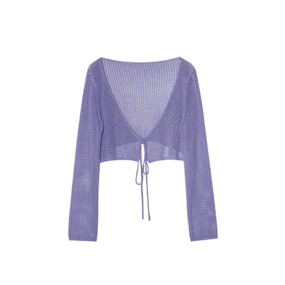 Thin skin-friendly and breathable outer lace-up hollow knitted sweater