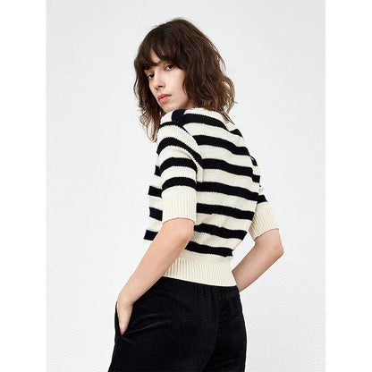 Spring and summer crew neck pullover five-quarter sleeve top