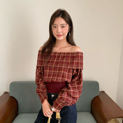 Threaded waist one-shoulder long-sleeved plaid shirt