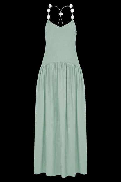 Fashion temperament Elegant V-neck beaded suspender skirt waist backless sexy dress