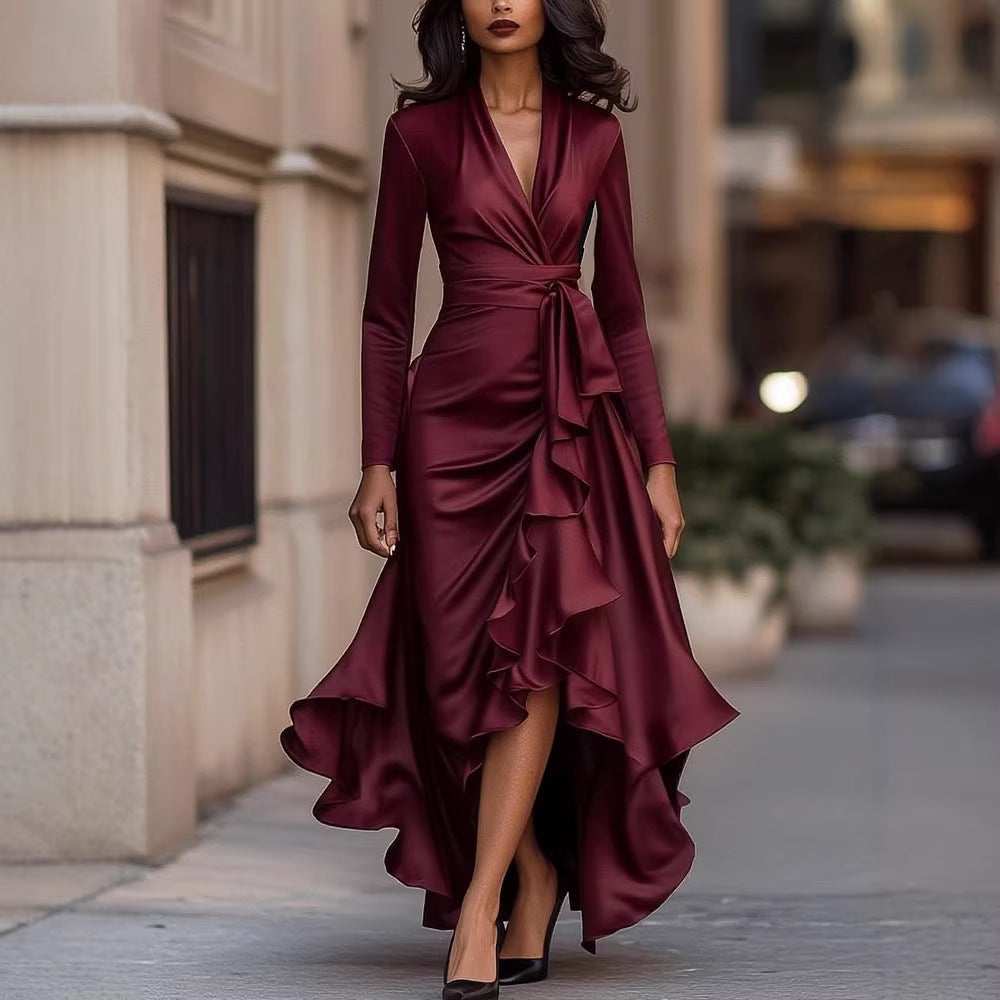 V-neck waist ruffle temperament dress