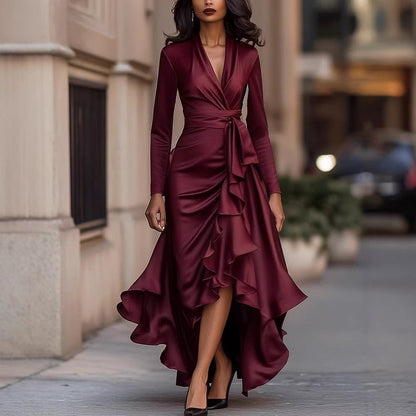 V-neck waist ruffle temperament dress
