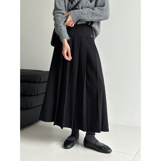 Korean high-waisted woolen pleated skirt women's autumn and winter new semi-elastic versatile casual skirt